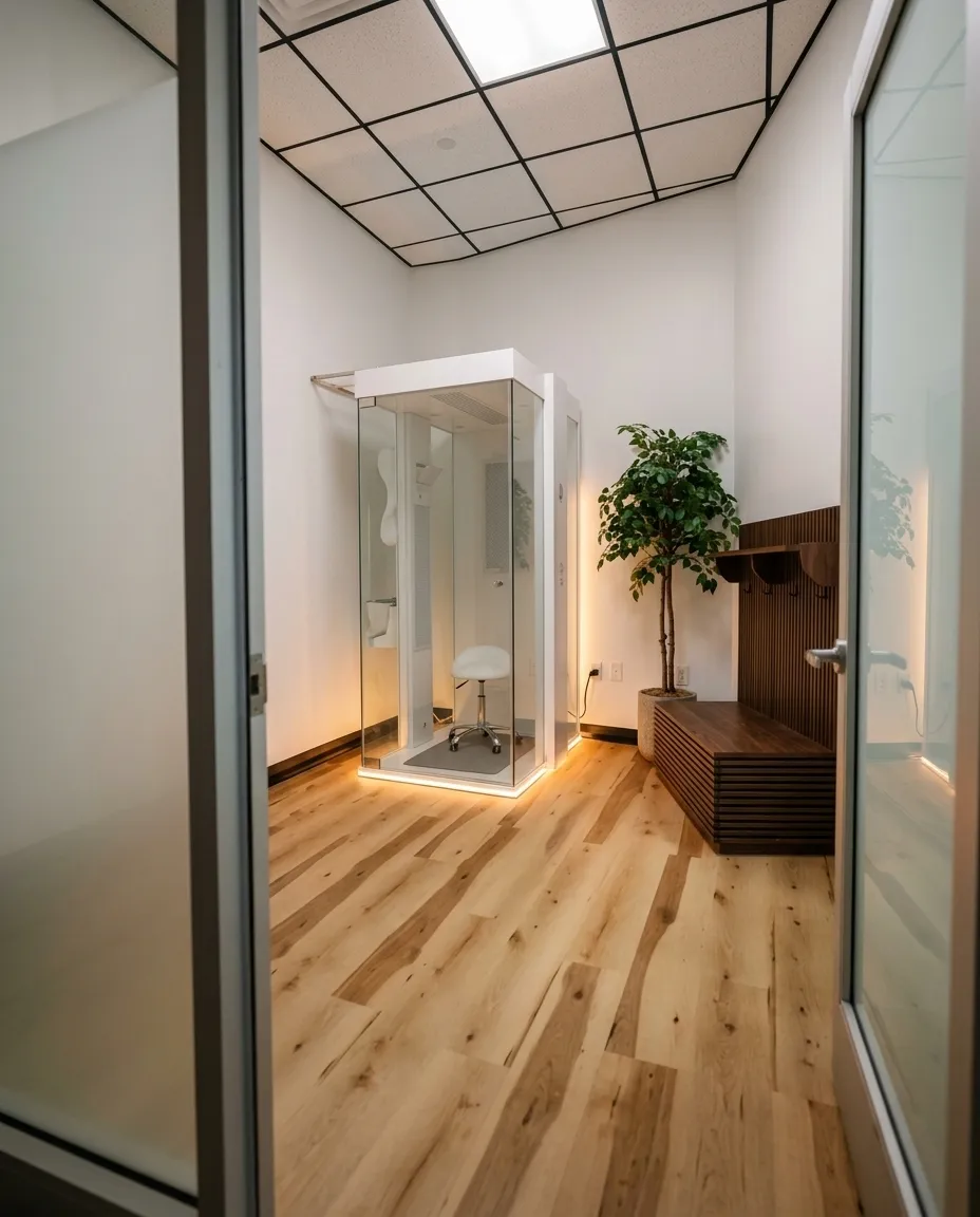 Guest checking in at Glo Wellness Salon tablet kiosk before a red light therapy session