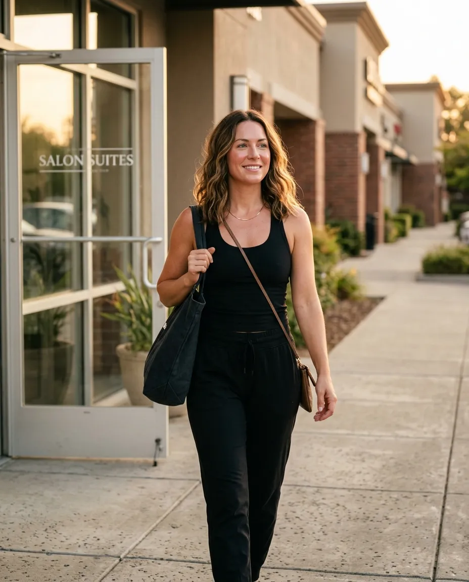 Guest leaving Glo Wellness Salon with radiant, glowing skin after red light therapy